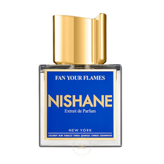 Nishane Extrait de Parfum Fan Your Flames in a clear rectangular glass bottle featuring a vibrant blue label with gold text for New York and listed notes of coconut rum tobacco tonka oakmoss and Chinese cedarwood beneath a distinctive gold cap