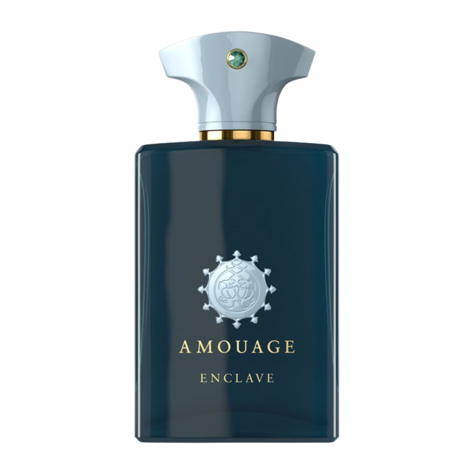 Product photography of an Amouage Enclave perfume bottle featuring a dark teal rectangular glass body, a silver ornate logo, gold text, and a light gray cap with a gold band and an emerald green gem