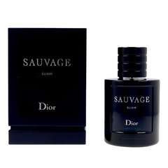 Product photography of Dior Sauvage Elixir fragrance set featuring a dark blue rectangular box and a matching dark blue glass bottle with silver SAUVAGE ELIXIR Dior branding and a distinctive ribbed cap
