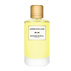 Digital product image of Mancera Paris Jardin Exclusif perfume in a tall clear glass bottle filled with light yellow liquid, featuring an elegant gold cap and a frosted white base