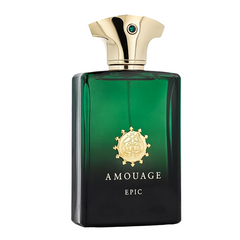 Amouage Epic fragrance bottle with a prominent dark green to black gradient glass body, a sculptural gold cap featuring an emerald jewel, and a central gold emblem with Amouage and Epic text