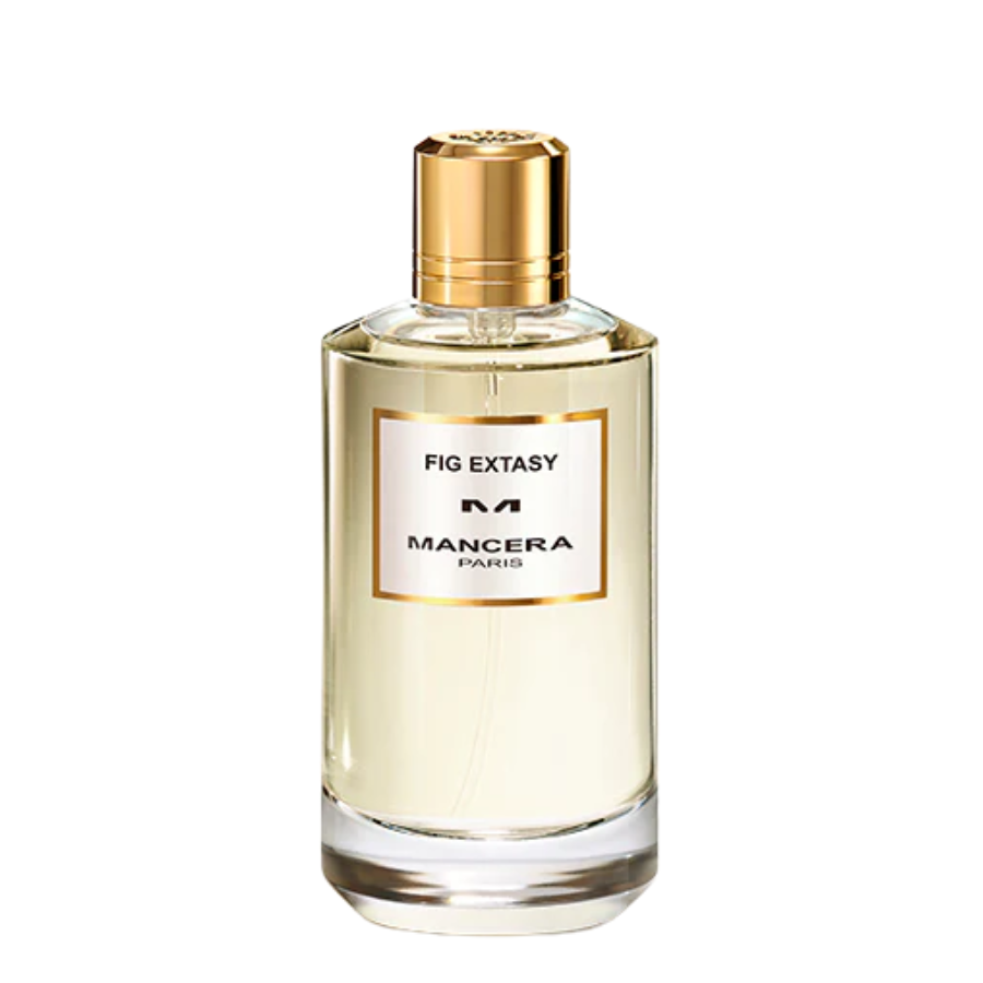Mancera Fig Extasy perfume bottle from Paris a clear glass flacon containing light amber liquid topped with a shiny gold cap and a white label featuring black text and gold trim