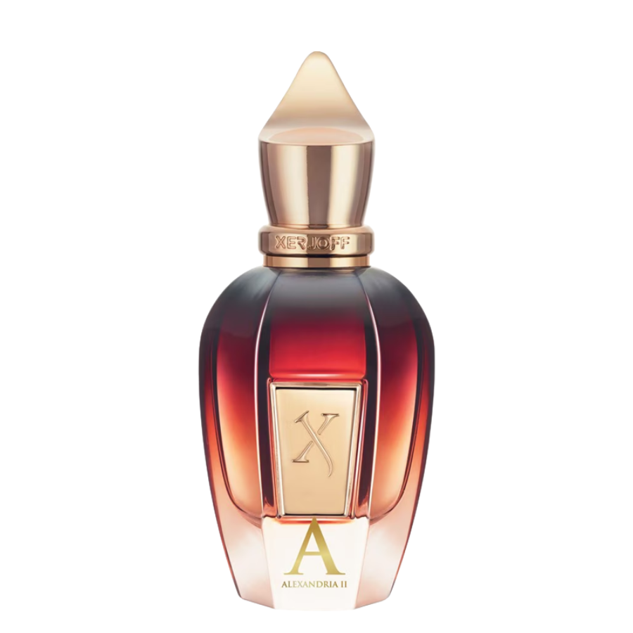 Product image of Xerjoff Alexandria II perfume bottle with an elegant gold pointed cap, a faceted glass body transitioning from deep red to amber, and prominent gold "X" and "A ALEXANDRIA II" labels