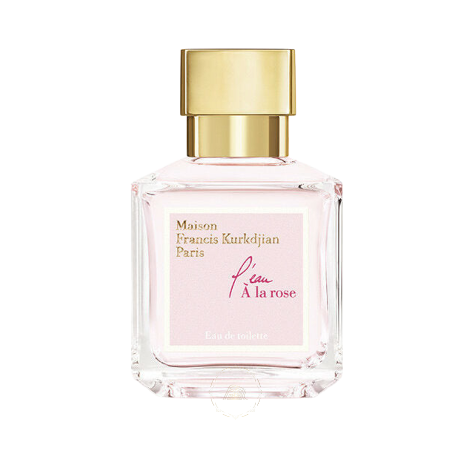 Product photograph of Maison Francis Kurkdjian L'eau À la rose Eau de Toilette perfume from Paris featuring a clear square glass bottle, golden cap, a pale pink label with elegant script, and subtle pink liquid