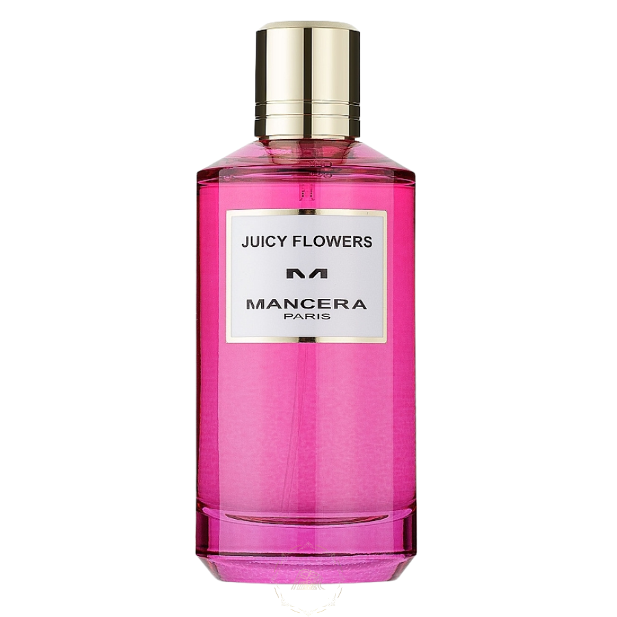 Photograph of Mancera's "Juicy Flowers" perfume bottle from Paris, featuring a bright fuchsia pink liquid, an elegant gold cap, and a distinct white label with black typography