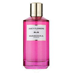 Photograph of Mancera's "Juicy Flowers" perfume bottle from Paris, featuring a bright fuchsia pink liquid, an elegant gold cap, and a distinct white label with black typography