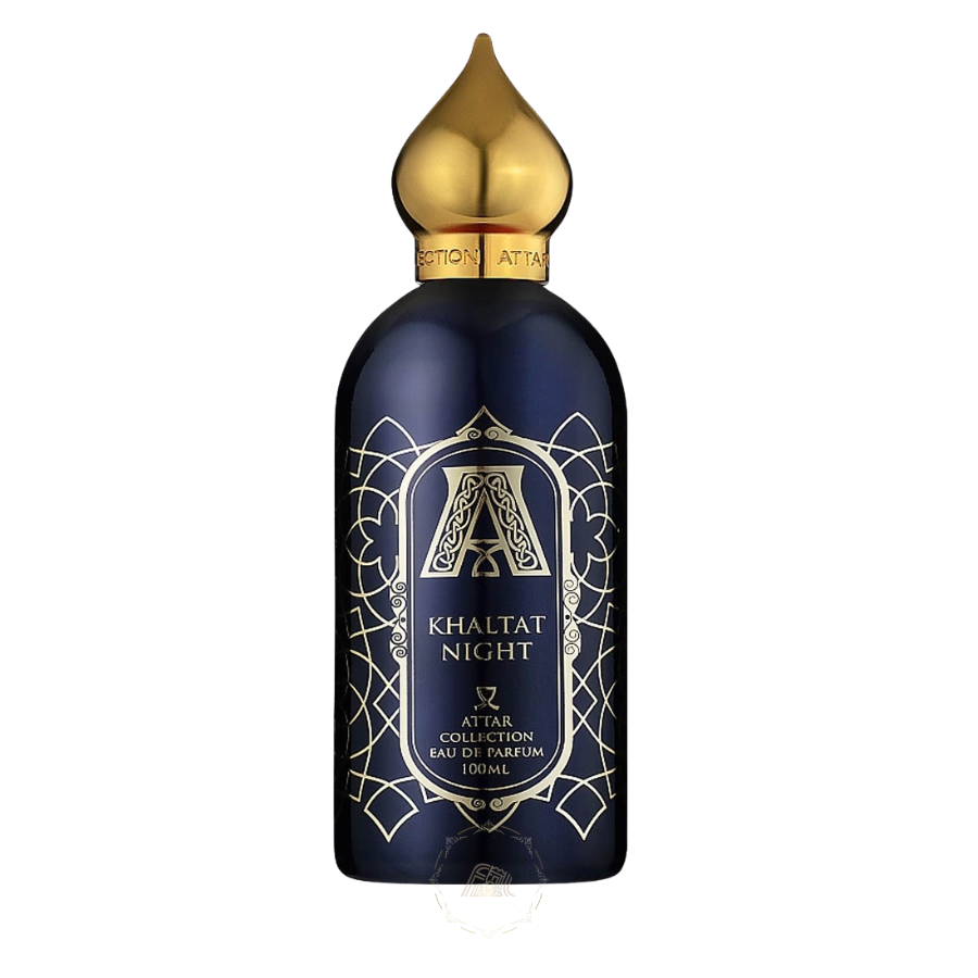 Attar Collection Khaltat Night Eau de Parfum bottle, dark blue with a golden dome cap, adorned with elaborate golden Arabic-inspired geometric patterns and a prominent initial A monogram
