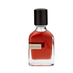 Product photography of an Orto Parisi fragrance bottle featuring rich red liquid in clear glass, a distinctive textured black cap, and a cream label