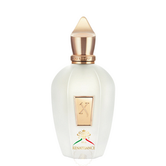 Product image of Xerjoff Renaissance fragrance bottle featuring a matte white ribbed glass body, a golden pointed cap with a Xerjoff neck ring, and a prominent gold X logo plaque with Italian flag colors and "RENAISSANCE" text below