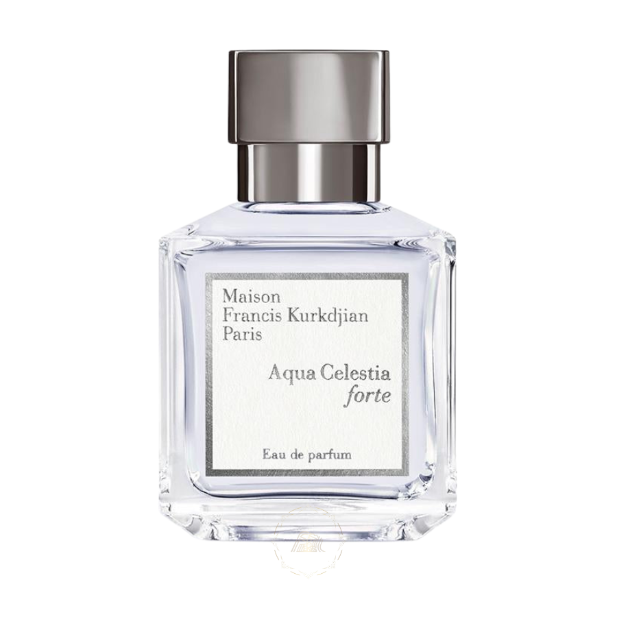 Maison Francis Kurkdjian Paris Aqua Celestia forte Eau de parfum in a clear rectangular glass bottle with a sleek silver cap and a white textured label displaying black text on a crisp white background