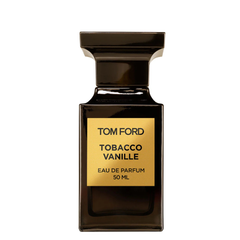 Product photograph by Tom Ford Tobacco Vanille Eau de Parfum a dark rectangular glass bottle with a gold label detailing 'TOM FORD TOBACCO VANILLE' and a distinctive black stepped cap presented on a clean white studio background