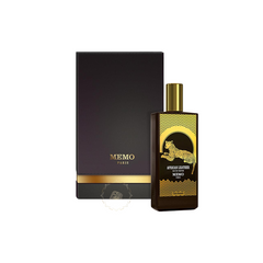 Product photograph of Memo Paris African Leather Eau de Parfum bottle and its dark brown presentation box featuring a crouching gold leopard graphic within a golden circle, intricate gold chevron patterns, and a sleek gold cap