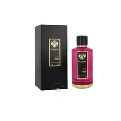 Mancera Paris Product Photography of Pink Roses Eau de Parfum, showcasing the elegant black bottle with vibrant fuchsia pink liquid alongside its matching black and gold floral-embossed box