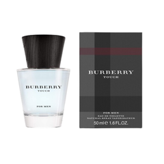 Burberry Touch For Men Eau de Toilette in a clear glass bottle with light blue liquid and a black textured cap positioned next to its dark gray checkered box featuring a prominent red stripe and detailed branding