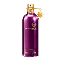 Product image by Montale Paris showcasing a luxurious Intense Cafe Eau de Parfum fragrance bottle in metallic deep purple with a gold sprayer and elegant M-logo charm