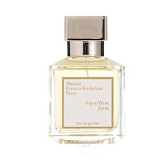 Product photography by Maison Francis Kurkdjian Paris showcasing their Aqua Vitae forte Eau de parfum in a clear rectangular glass bottle with a shiny golden cap and elegant white label