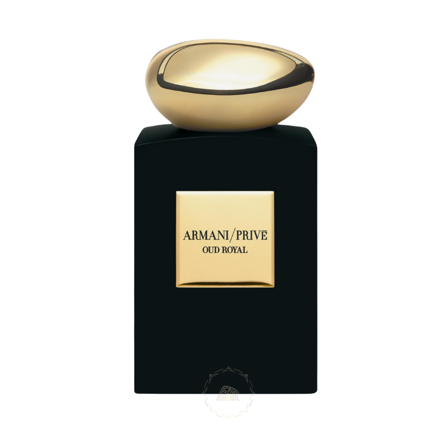 Product photograph of Armani/Privé Oud Royal perfume bottle featuring a matte black rectangular base a shiny gold asymmetrical cap and a prominent gold label with the fragrance name