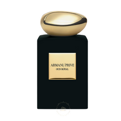 Product photograph of Armani/Privé Oud Royal perfume bottle featuring a matte black rectangular base a shiny gold asymmetrical cap and a prominent gold label with the fragrance name