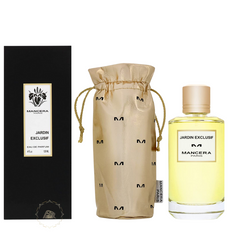 Mancera Jardin Exclusif Eau de Parfum set featuring a black presentation box with an iris logo a shiny gold drawstring pouch with repeating M logos and a clear glass bottle filled with pale yellow fragrance and a gold cap
