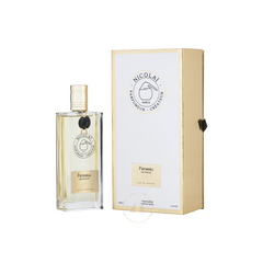 Nicolai Parfumeur Créateur Patchouli Intense Eau de Parfum in a clear rectangular glass bottle showing a light amber liquid with a golden cap and distinctive black wax seal beside its elegant golden-edged white box adorned with the brand's Paris logo
