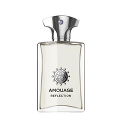 Amouage Reflection eau de parfum bottle featuring a clear rectangular glass body, a unique silver metallic cap with a prominent purple gem, and an ornate silver emblem above the printed brand name