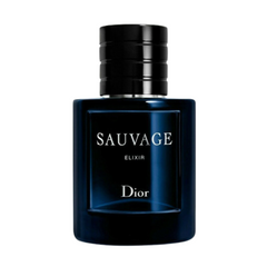 Product photography of a dark blue rectangular glass Dior Sauvage Elixir perfume bottle featuring a ribbed black magnetic cap and white text