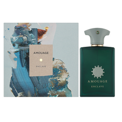 Amouage Enclave perfume bottle and its packaging, featuring a dark emerald green rectangular bottle with a silver emblem and a grey stylized cap, alongside an abstract blue gold and brown watercolor box with a tan product label