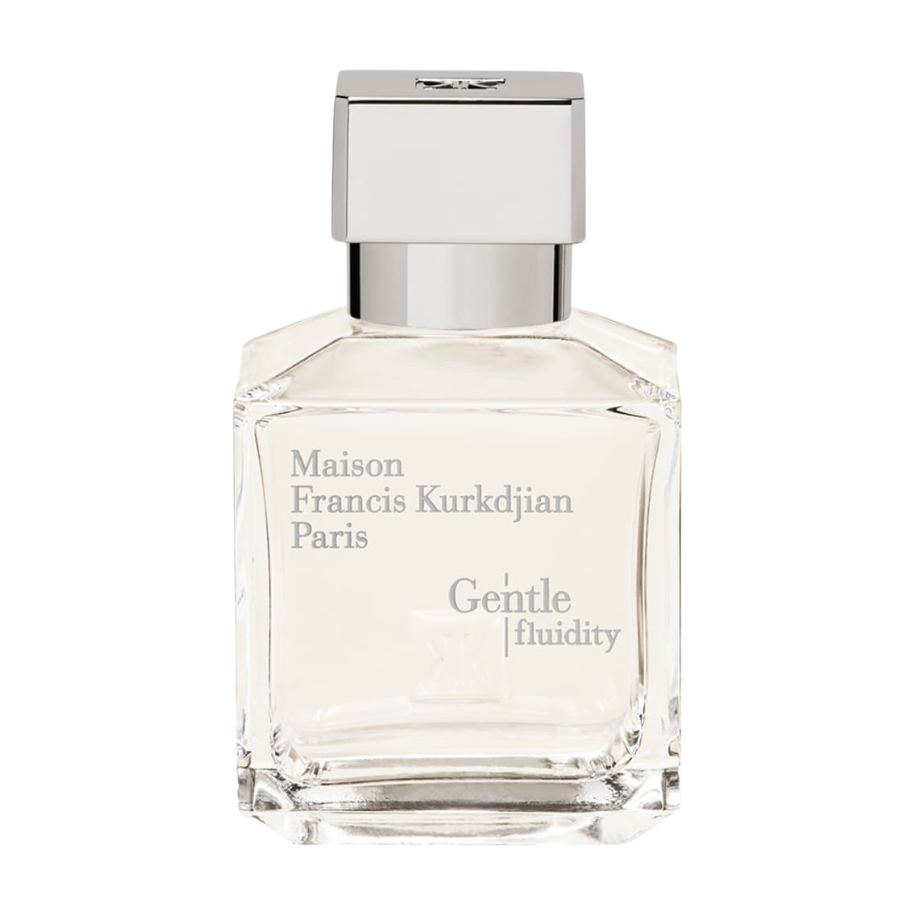 Product photography of a Maison Francis Kurkdjian Paris Gentle fluidity fragrance bottle a clear square glass bottle with a prominent silver rectangular cap and transparent liquid