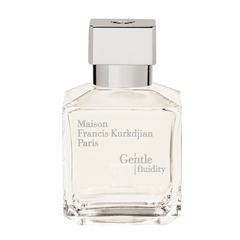 Product photography of a Maison Francis Kurkdjian Paris Gentle fluidity fragrance bottle a clear square glass bottle with a prominent silver rectangular cap and transparent liquid