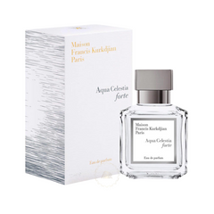 Maison Francis Kurkdjian Paris Aqua Celestia forte Eau de Parfum, a clear glass rectangular bottle with a silver cap, stands beside its white box featuring subtle grey textured lines and gold brand typography