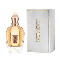 Product image of Xerjoff Richwood perfume bottle and box featuring a gold-colored bottle with an ornate cap and a white crocodile-textured box with a gold Xerjoff logo