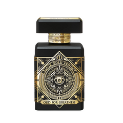 Product image of a rectangular black perfume bottle featuring intricate gold patterns a central eye motif and text reading Black Gold Project Oud for Greatness