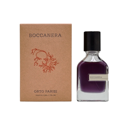 Orto Parisi Boccanera parfum bottle with dark purple liquid and black cap presented next to its kraft paper box adorned with a unique reddish-brown coral illustration