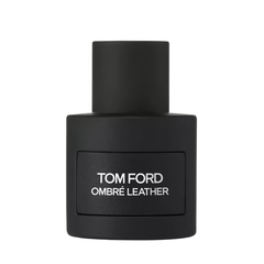 Product photo of Tom Ford Ombré Leather fragrance in a sleek matte black bottle with a rectangular black label and prominent white lettering