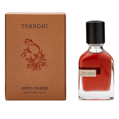 Orto Parisi Terroni perfume featuring a clear glass bottle with deep reddish-orange liquid and a textured black cap next to its rustic brown cardboard box displaying a unique stylized root design