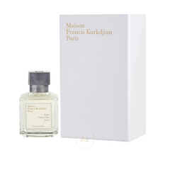 Maison Francis Kurkdjian Aqua Universalis Forte Eau de parfum bottle and white box featuring gold brand lettering a clear rectangular bottle with light liquid and a frosted grey cap
