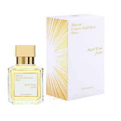 Maison Francis Kurkdjian Paris product photo of Aqua Vitae forte Eau de parfum featuring a clear octagonal glass bottle with a golden cap and pale yellow liquid alongside its white box adorned with a radiant golden sunburst design and elegant gold lettering