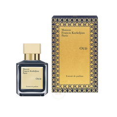 Maison Francis Kurkdjian Paris Oud Extrait de parfum in a dark blue octagonal glass bottle with gold cap and label displayed next to its matching gold box with a distinctive dark blue geometric pattern