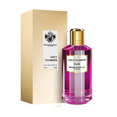 Mancera Paris product photograph showing the Juicy Flowers Eau de Parfum in a vibrant fuchsia glass bottle with a gleaming gold cap positioned next to its elegant textured beige box