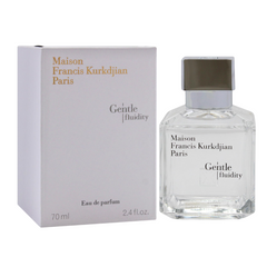 Maison Francis Kurkdjian Paris Gentle fluidity Eau de parfum fragrance in a clear glass bottle with a silver cap displayed alongside its white box featuring distinctive gold and grey lettering and indicating 70 ml volume