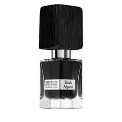 Product photo of Nasomatto Black Afgano extrait de parfum featuring a dark square bottle, rough black cap, and prominent white labels identifying the fragrance