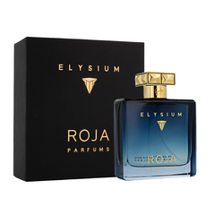 Roja Parfums Elysium perfume bottle with blue gradient liquid, a golden faceted cap, and gold branding sits beside its black presentation box featuring matching gold text and logo