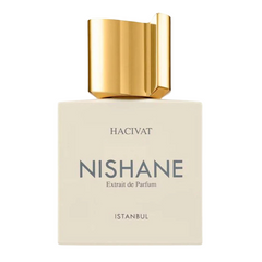Nishane Hacivat Extrait de Parfum in a sleek beige square bottle featuring a prominent geometric gold cap and bold black text labeling it as NISHANE, Extrait de Parfum, and ISTANBUL