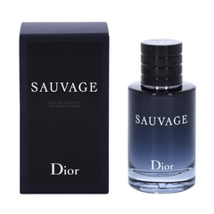 Dior product photography of Sauvage Eau de Toilette featuring a dark blue to clear gradient bottle with a textured black cap and its matching black box with prominent white branding