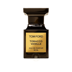 Tom Ford Tobacco Vanille Eau de Parfum 30ml bottle featuring a dark brown rectangular glass design with a prominent gold label and matching black cap