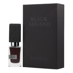 Product photography of a Nasomatto Black Afgano perfume bottle with dark brown liquid and black textured wooden cap beside its matte black box with embossed branding