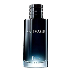 Product photograph of Dior Sauvage cologne bottle on a white background featuring a dark blue to black gradient glass bottle with a prominent black ribbed cap and white branding for SAUVAGE and Dior