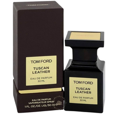 Product photography of Tom Ford Tuscan Leather Eau de Parfum 30ml featuring its iconic dark brown box with a gold label and a sleek black rectangular bottle topped with a distinctive gold cap embossed with TOM FORD
