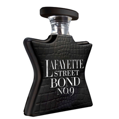 Product image of the Bond No. 9 Lafayette Street perfume bottle, a black star-shaped bottle with crocodile-embossed texture and prominent white LAFAYETTE STREET BOND NO.9 text
