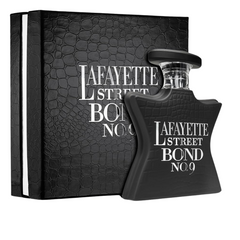 Bond No 9 Lafayette Street eau de parfum, a black crocodile-embossed bottle and matching box with crisp white typography